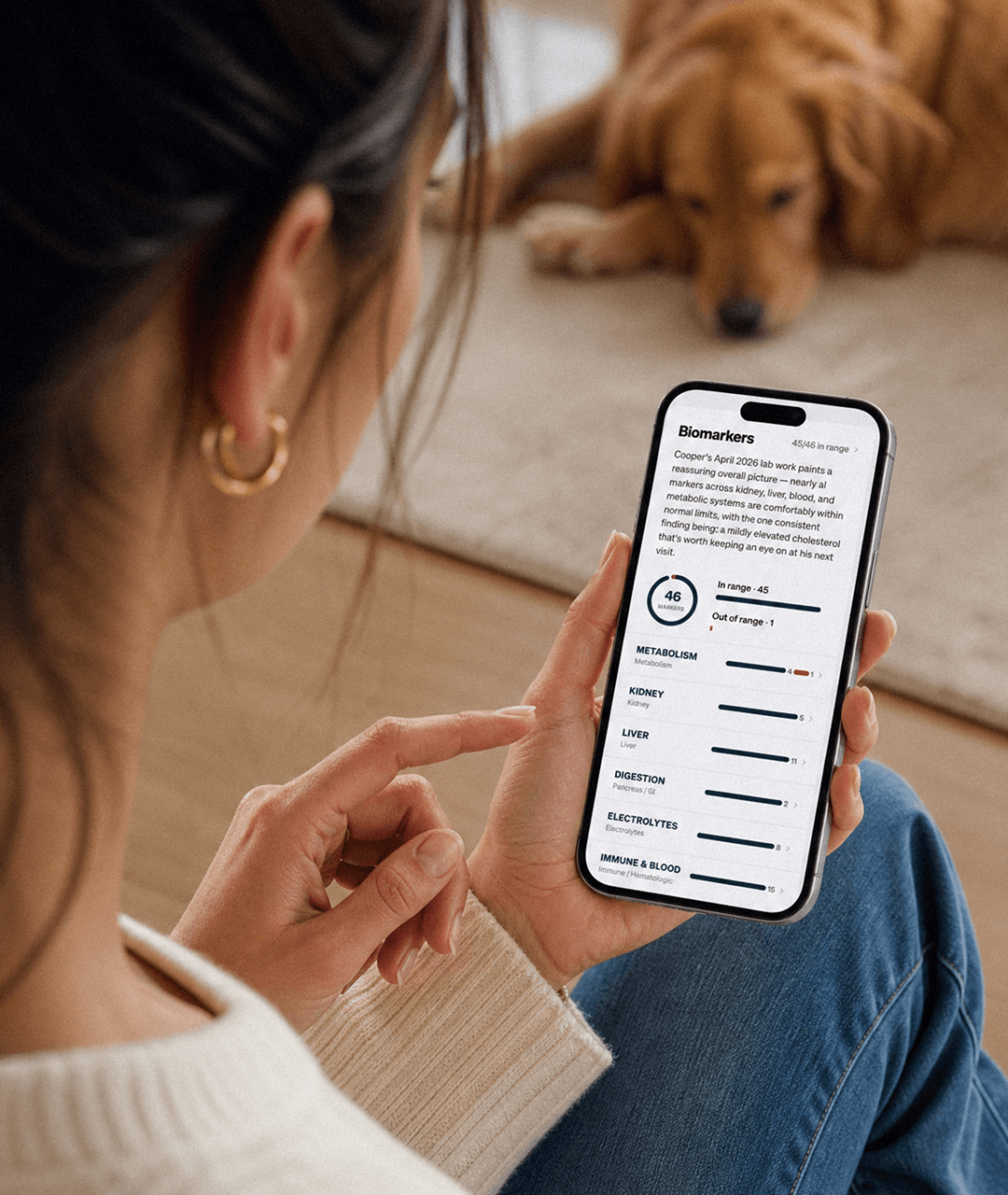 A dog parent reviews Cooper’s biomarker results in the Wonderdog app while her golden retriever rests nearby — 45 of 46 markers in range.